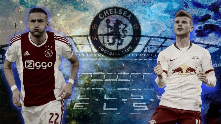 Chelsea, klub Liga Inggris, kemungkinan besar bakal memiliki duet maut nan mematikan di barisan penyerangannya musim depan, yakni Hakim Ziyech dan Timo Werner. Copyright: © INDOSPORT
