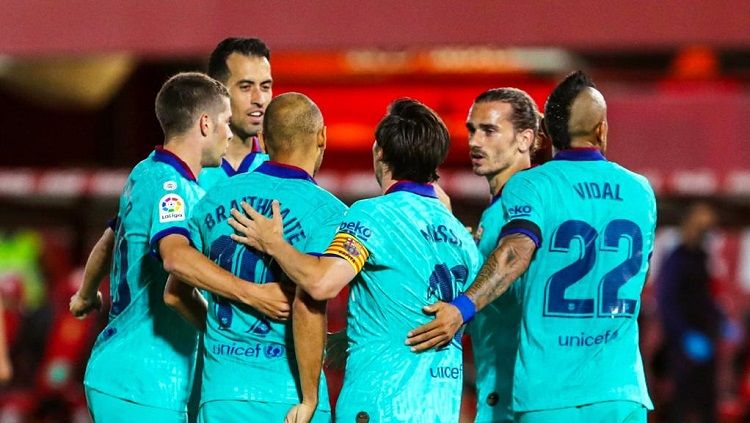 Hasil pertandingan pekan ke-28 LaLiga antara Real Mallorca vs Barcelona, Minggu (14/06/20) dini hari WIB, berhasil dimenangkan oleh tim tamu dengan skor 0-4. Copyright: © Twitter @FCBarcelona