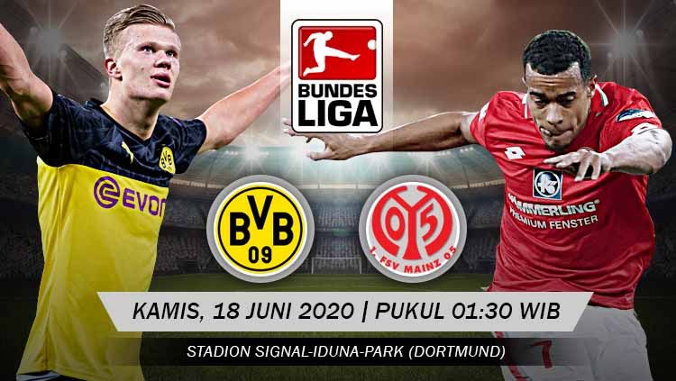 Pertandingan Borussia Dortmund vs Mainz 05 di pekan ke-32 Bundesliga Jeman 2019/20 diprediksi akan berakhir mudah buat tuan rumah, Kamis (18/06/20). Copyright: © Grafis: Yanto/INDOSPORT