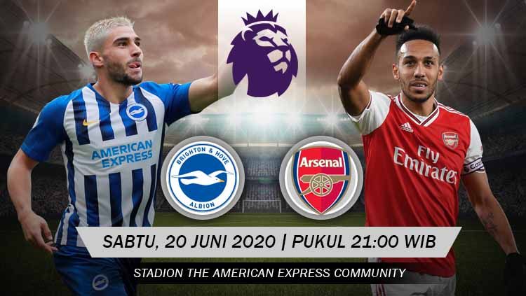 Berikut prediksi pertandingan Brighton Hove Albion vs Arsenal di ajang Liga Inggris pekan ke-30, Sabtu (20/06/2020) pukul 21.00 WIB di Falmer. Copyright: © Grafis: Yanto/INDOSPORT