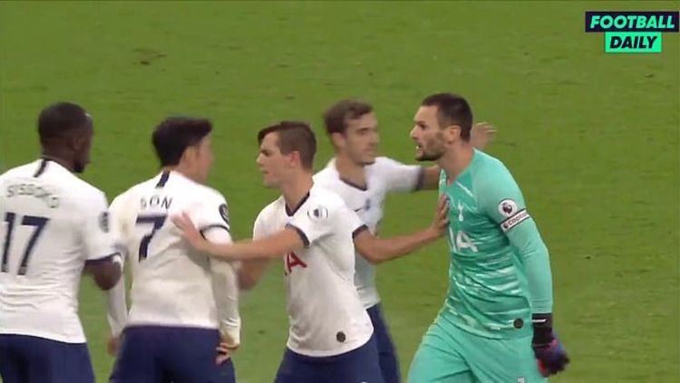 Perseteruan antara Hugo Lloris dengan Son Heung-min di laga Liga Inggris Tottenham Hotspur vs Everton memantik reaksi dari Jose Mourinho. Copyright: © Football Daily