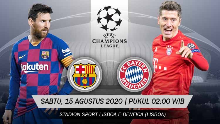 Berikut adalah link live streaming pertandingan Liga Champions yang akan mempertemukan Barcelona vs Bayern Munchen pada Sabtu (15/08/20) pukul 02.00 WIB. Copyright: © Grafis: Yanto/INDOSPORT