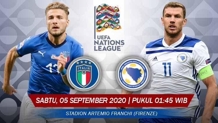 Berikut link live streaming pertadingan UEFA Nations League 2020-2021 Liga A Grup 1 antara timnas Italia vs Bosnia-Herzegovina. Copyright: © Grafis: Yanto/INDOSPORT
