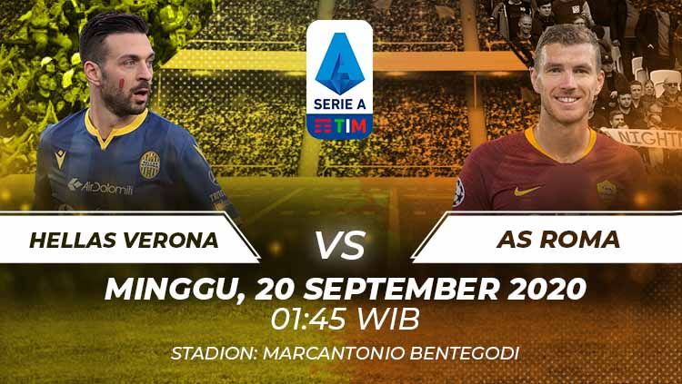 Berikut tersaji prediksi pertandingan Serie A Liga Italia 2020/21 antara Hellas Verona vs AS Roma yang akan berlangsung pada Minggu (20/09/20) pukul 01.45 WIB. Copyright: © Grafis:Frmn/Indosport.com