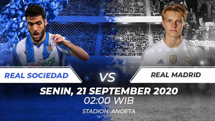 Berikut link live streaming untuk menyaksikan pertandingan LaLiga Spanyol antara Real Sociedad vs Real Madrid yang bergulir Senin (21/09/20) dinihari WIB. Copyright: © Grafis:Frmn/Indosport.com
