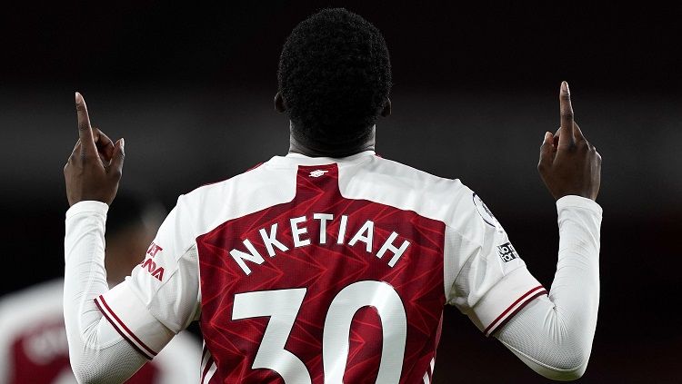 Selebrasi gol pemain Arsenal, Edie Nketiah, dalam pertandingan Liga Inggris versus West Ham United, Sabtu (19/9/20). Copyright: © Twitter Premier League