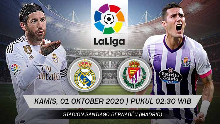 Real Madrid akan menjamu Real Valladolid di pekan keempat LaLiga Spanyol. Pertandingan itu bisa disaksikan via live streaming, Kamis (1/10/20) pukul 02.30 WIB. Copyright: © Grafis: Yanto/Indosport.com