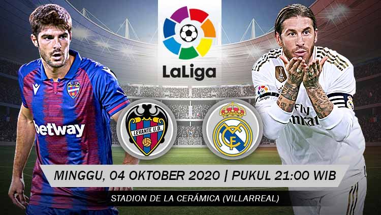 Berikut prediksi pertandingan lanjutan pekan kelima kompetisi LaLiga Spanyol musim 2020-2021 antara Levante vs Real Madrid. Copyright: © Grafis: Yanto/Indosport.com