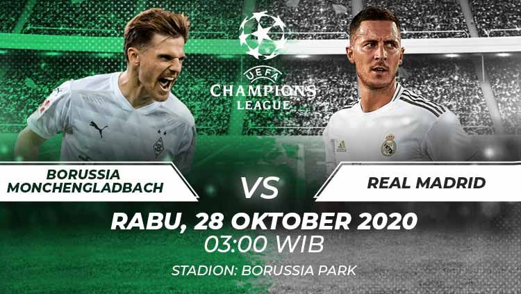 Berikut ini link live streaming pertandingan Liga Champions antara Borussia Monchengladbach vs Real Madrid pada Rabu (28/10/20) pukul 03.00 WIB. Copyright: © Grafis:Frmn/Indosport.com