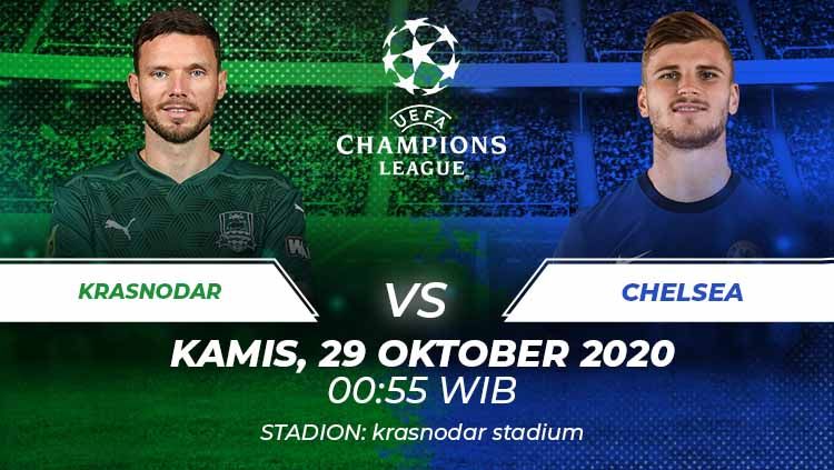 Berikut prediksi pertandingan Krasnodar vs Chelsea di ajang Liga Champions Grup E, Kamis (29/10/2020) pukul 00.55 WIB di Stadion Krasnodar. Copyright: © Grafis:Frmn/Indosport.com