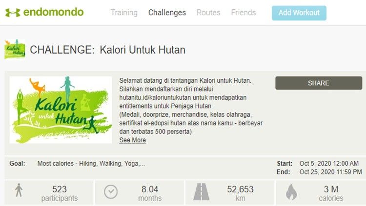 Kegiatan tantangan olahraga #KaloriuntukHutan yang berlangsung 5-25 Oktober 2020. Copyright: © HUTAN ITU INDONESIA