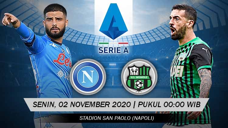 Berikut tersaji link live streaming pertandingan sepak bola Serie A Liga Italia 2020/21 antara Napoli vs Sassuolo yang akan berlangsung pada Senin (02/11/20). Copyright: © Grafis: Yanto/Indosport.com