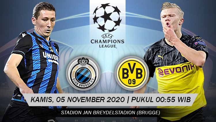 Prediksi matchday ketiga Grup F Liga Champions antara Club Brugge vs Borussia Dortmund yang bakal tersaji pada Kamis (5/11/2020) pukul 03:00 dini hari WIB.. Copyright: &copy; Grafis: Yanto/Indosport.com