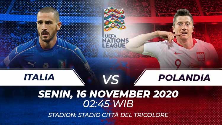 Link live streaming UEFA Nations League antara Italia vs Polandia bisa disaksikan melalui Mola TV pada Senin (16/11/2020) pukul 02.45 dini hari WIB. Copyright: © Grafis:Frmn/Indosport.com