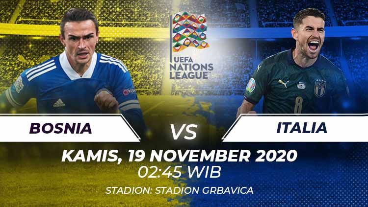 Berikut tersaji link live streaming pertandingan sepak bola UEFA Nations League antara Timnas Bosnia vs Italia yang akan berlangsung pada Kamis (19/11/20). Copyright: © Grafis:Frmn/Indosport.com