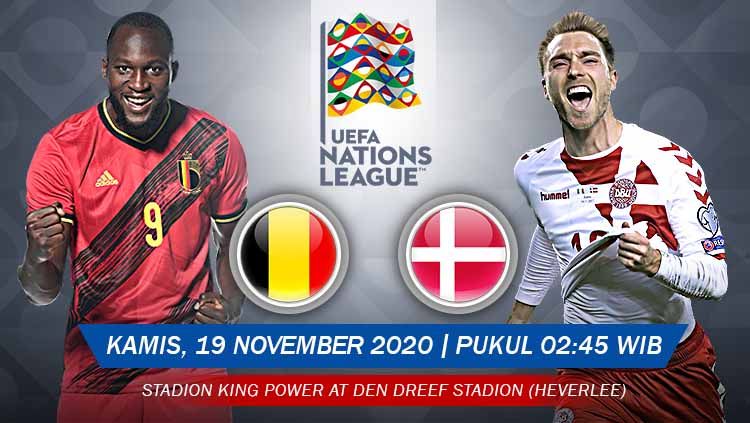 Berikut tersaji prediksi pertandingan UEFA Nations League Belgia vs Denmark yang akan berlangsung pada Kamis (19/11/20) di King Power Stadion (Den Dreef). Copyright: © Grafis: Yanto/Indosport.com
