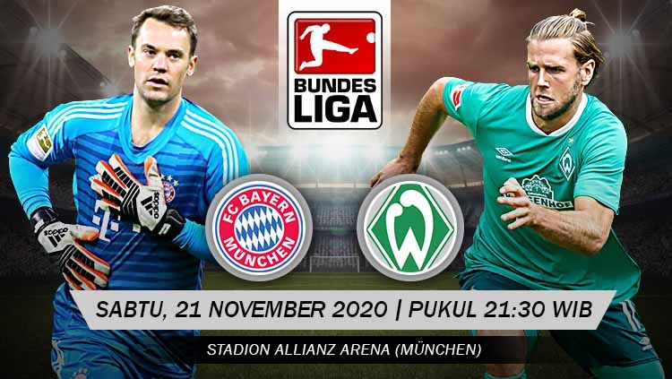Berikut tersaji prediksi pertandingan sepak bola Bundesliga Jerman 2020-2021 antara Bayern Munchen vs Werder Bremen yang akan berlangsung pada Sabtu (21/11/20). Copyright: © Grafis: Yanto/Indosport.com