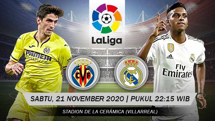 Berikut ini link live streaming pertandingan LaLiga Spanyol 2020-2021 antara Villarreal vs Real Madrid yang akan berlangsung pada Sabtu (21/11/20) malam WIB. Copyright: © Grafis: Yanto/Indosport.com