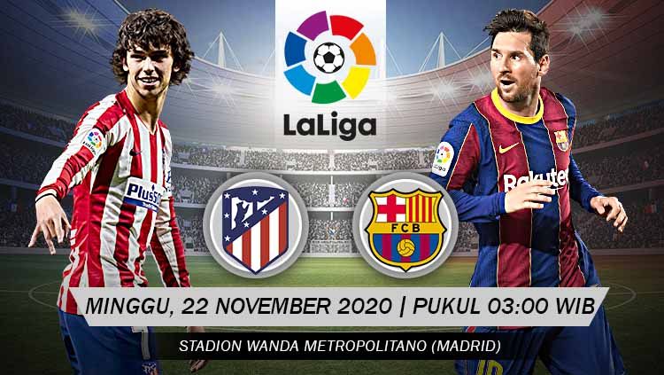 Berikut tersaji prediksi pertandingan LaLiga Spanyol 2020-2021 antara Atletico Madrid vs Barcelona yang akan berlangsung pada Minggu (22/11/20) pukul 03.00 WIB. Copyright: © Grafis: Yanto/Indosport.com