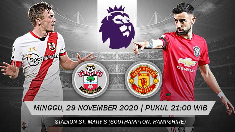 Pekan ke-10 Liga Inggris 2020/2021 mempertemukan Southampton vs Manchester United. Berikut rangkuman prediksi duel yang akan berlansung di St Mary's Stadium, Minggu (29/11/20) malam WIB. Copyright: © Grafis: Yanto/Indosport.com