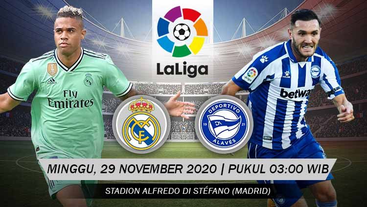 Berikut prediksi pertandingan sepak bola LaLiga Spanyol 2020-2021 antara Real Madrid vs Deportivo Alaves yang akan berlangsung pada Minggu (29/11/20). Copyright: © Grafis: Yanto/Indosport.com