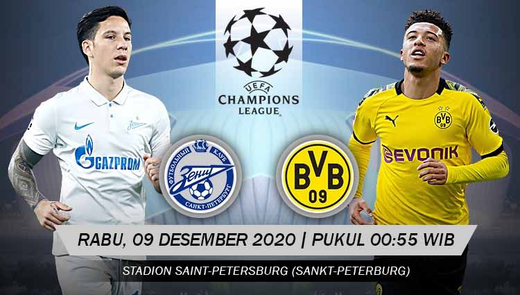 Berikut prediksi pertandingan Zenit St. Petersburg vs Borussia Dortmund di ajang Liga Champions Grup F, Rabu (9/12/2020) pukul 00.55 WIB di Stadion Krestovsky. Copyright: © Grafis: Yanto/Indosport.com