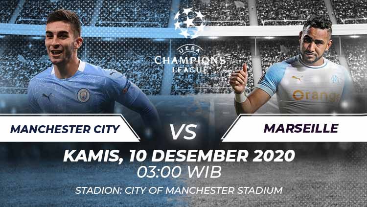 Berikut prediksi pertandingan Liga Champions antara Manchester City vs Marseille, Kamis (10/12/20). Copyright: © Grafis:Frmn/Indosport.com