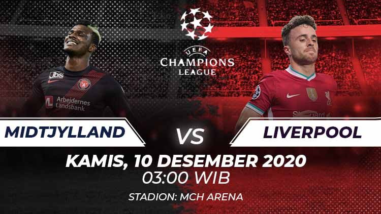 Berikut prediksi pertandingan FC Midtjylland vs Liverpool di ajang Liga Champions Grup D, Kamis (10/12/2020) pukul 00.55 WIB di MCH Arena. Copyright: © Grafis:Frmn/Indosport.com