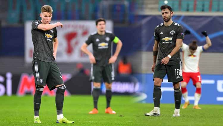 Terlihat pemain Manchester United kecewa saat dikalahkan RB Leipzig di laga Liga Champions. Copyright: © Matthew Peters/Stuart Franklin/Manchester United via Getty Images