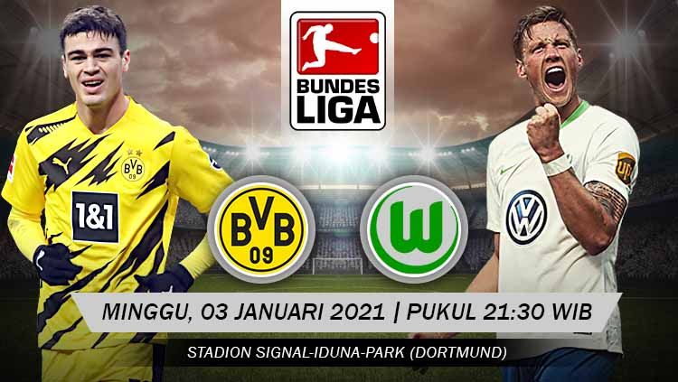 Berikut prediksi pertandingan pekan ke-14 Bundesliga Jerman antara Borussia Dortmund vs Wolfsburg yang digelar Minggu (03/01/21) pukul 21.30 WIB. Copyright: © Grafis: Yanto/Indosport.com