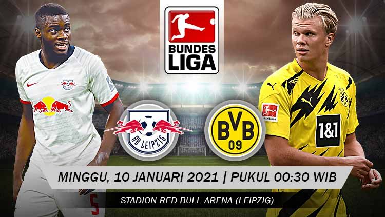 Berikut tersaji link live streaming pertandingan Bundesliga Jerman antara Red Bull Leipzig vs Borussia Dortmund yang akan berlangsung pada Minggu (10/01/21). Copyright: © Grafis: Yanto/Indosport.com