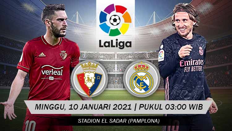 Berikut tersaji link live streaming pertandingan sepak bola LaLiga Spanyol 2020-2021 antara Osasuna vs Real Madrid yang akan berlangsung pada Minggu (10/01/21). Copyright: © Grafis: Yanto/Indosport.com