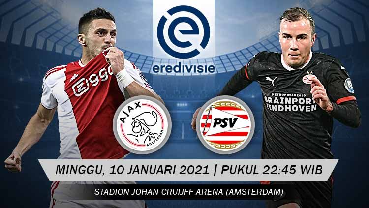 Berikut tersaji link live streaming big match Eredivisie Belanda antara Ajax Amsterdam vs PSV Eindhoven yang akan berlangsung pada Minggu (10/01/21). Copyright: &copy; Grafis: Yanto/Indosport.com