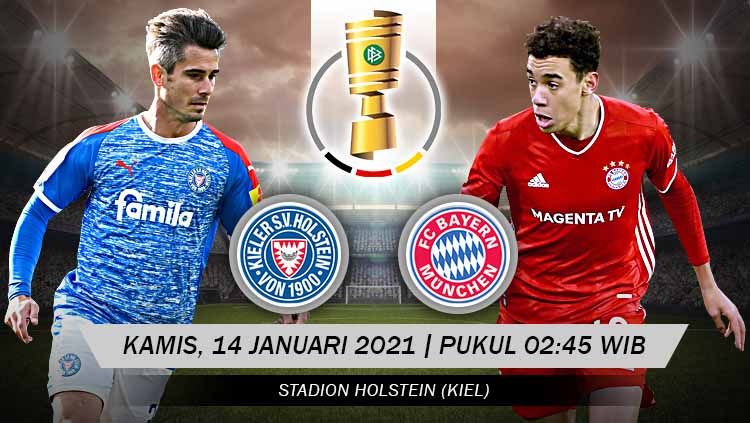 Babak putaran kedua DFB-Pokal 2020/21 menampilkan laga menarik antara Holstein Kiel vs Bayern Munchen. Pertandingan ini bakal dimainkan di Holstein Stadion. Copyright: © Grafis:Yanto/Football265.com