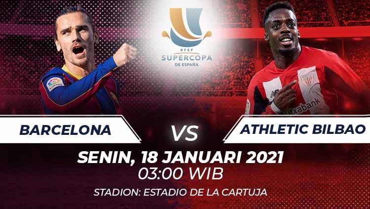Berikut prediksi pertandingan Piala Super Spanyol 2020/21 antara Barcelona melawan Athletic Bilbao yang dilangsungkan di Sevilla, Senin (18/01/21). Copyright: © Grafis:Frmn/Indosport.com