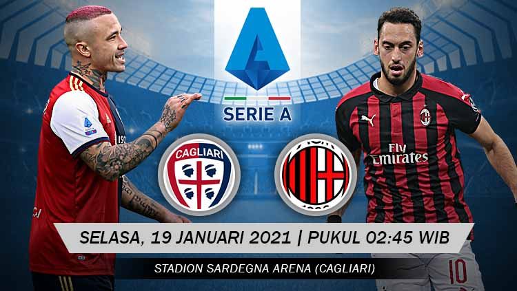 Berikut tersaji link live streaming pertandingan sepak bola Serie A Liga Italia 2020-2021 antara Cagliari vs AC Milan yang akan berlangsung di Sardegna Arena. Copyright: © Grafis:Yanto/Indosport.com