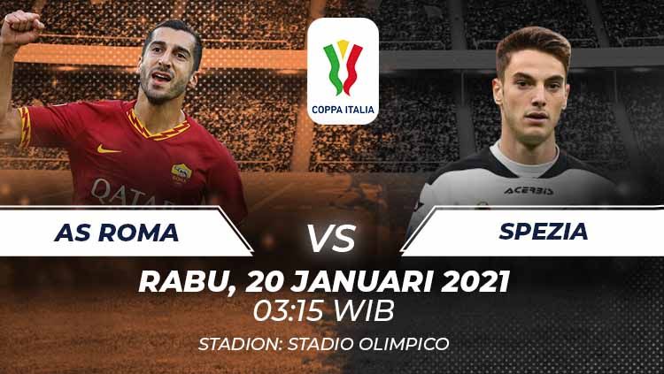 Berikut tersaji prediksi pertandingan sepak bola Coppa Italia 2021 antara AS Roma vs Spezia yang akan berlangsung di Stadion Olimpico. Copyright: © Grafis:Frmn/Indosport.com