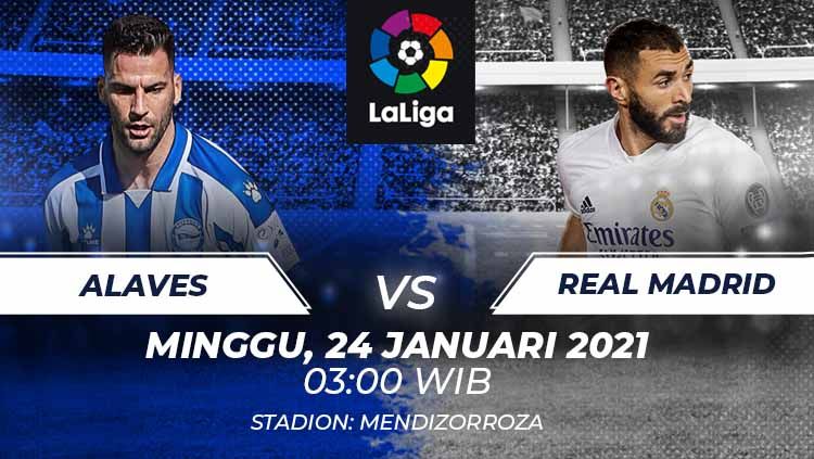 Berikut tersaji prediksi pertandingan LaLiga Spanyol 2020-2021 antara Deportivo Alaves vs Real Madrid yang akan diselenggarakan di Stadion Mendizorroza. Copyright: © Grafis:Frmn/Indosport.com