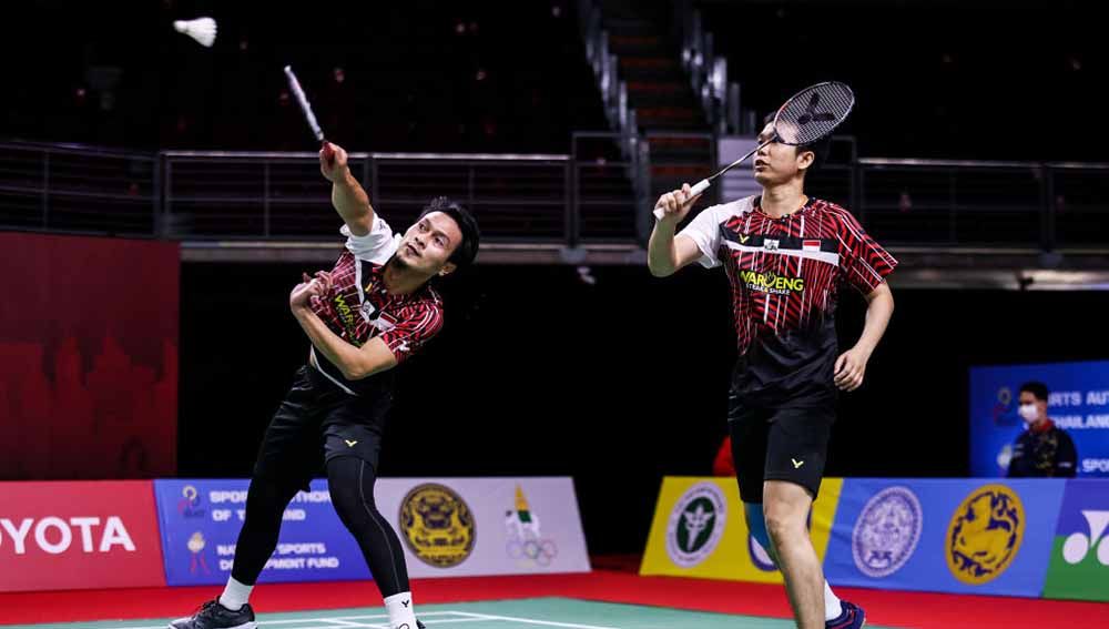 Ganda putra Indonesia, Mohammad Ahsan/Hendra Setiawan ketika melawan Wang Chi-Lin/Lee Yang di Toyota Thailand Open 2021. Copyright: © Shi Tang/Getty Images