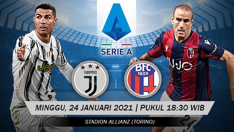 Berikut tersaji link live streaming pertandingan sepak bola Serie A Liga Italia 2020-2021 antara Juventus vs Bologna yang akan berlangsung di Allianz Stadium. Copyright: © Grafis:Yanto/Indosport.com