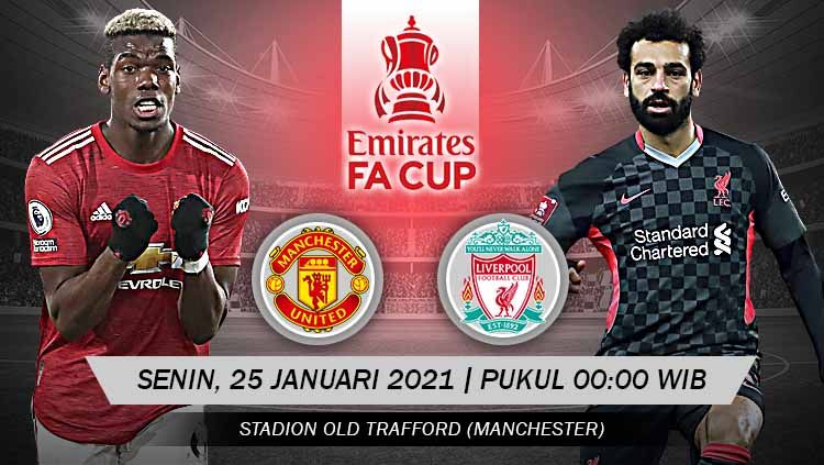 Berikut link live streaming pertandingan putaran IV Piala FA 2020-2021 yang mempertemukan Manchester United vs Liverpool. Copyright: © Grafis:Yanto/Indosport.com