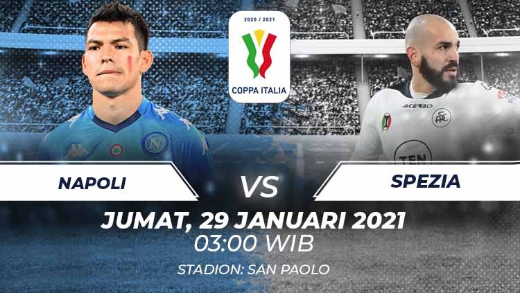 Berikut tersaji prediksi pertandingan perempatfinal Coppa Italia 2021 antara Napoli vs Spezia yang akan berlangsung di Stadion Diego Armando Maradona. Copyright: © Grafis:Frmn/Indosport.com
