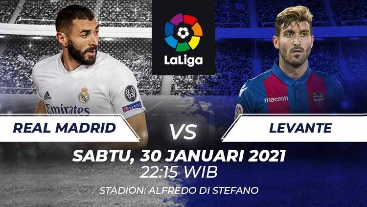 Berikut link live streaming pertandingan LaLiga Spanyol pekan ke-21 yang akan mempertemukan Real Madrid vs Levante. Copyright: © Grafis:Frmn/Indosport.com