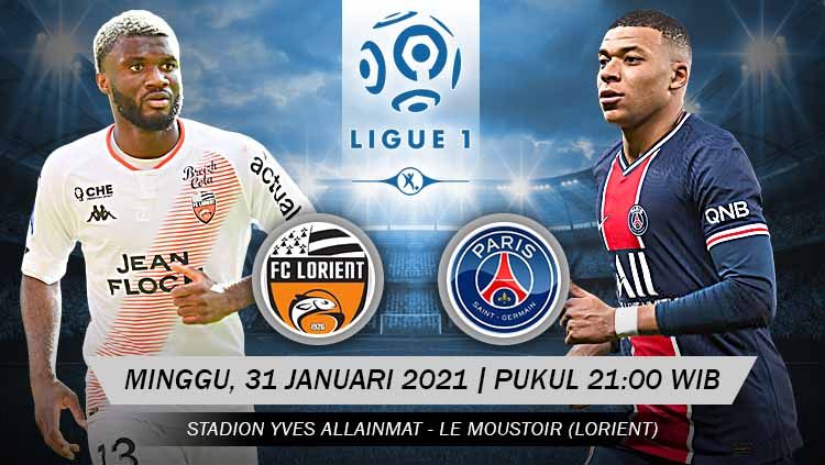Berikut tersaji prediksi pertandingan sepak bola Ligue 1 Prancis 2020-2021 antara Lorient vs PSG yang akan berlangsung di Stadion Yves Allainmat, Le Moustoir. Copyright: © Grafis:Yanto/Indosport.com