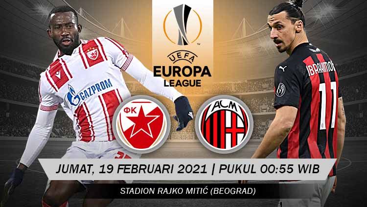 Duel antarlini laga leg pertama babak 32 besar Liga Europa 2020-2021 antara tim tuan rumah, Red Star Belgrade, melawan AC Milan. Copyright: © Grafis:Yanto/Indosport.com