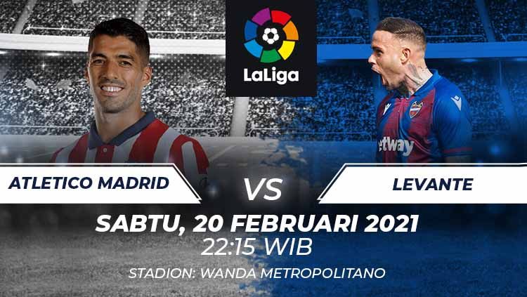 Atletico Madrid akan kembali bersua dengan Levante pada pekan ke LaLiga Spanyol. Laga ini akan digelar di Stadion Wanda Metropolitano, Sabtu (20/02/21) malam. Copyright: © Grafis:Frmn/Soicaumienbac.cc