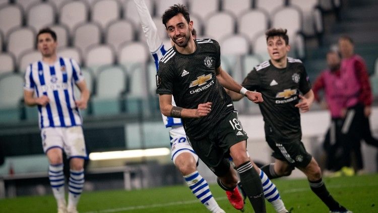 Bruno Fernandes usai mencetak gol ke gawang Real Sociedad Copyright: © twitter.com/ManUtd