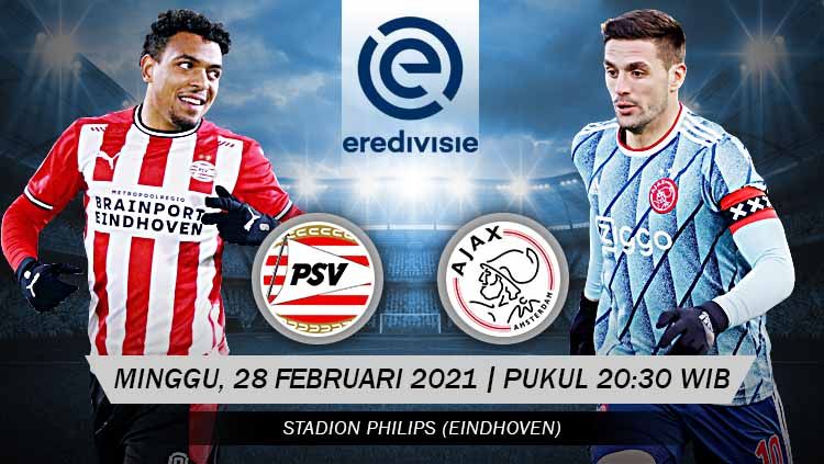 Prediksi pertandingan pekan ke-24 Eredivisie Liga Belanda antara PSV Eindhoven vs Ajax Amsterdam yang dilangsungkan di Philips Stadium, Sabtu (28/02/21). Copyright: © Grafis:Yanto/Indosport.com