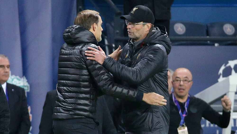 Pelatih Chelsea Thomas Tuchel dan pelatih Liverpool Juergen Klopp. Copyright: © Jean Catuffe/Getty Images