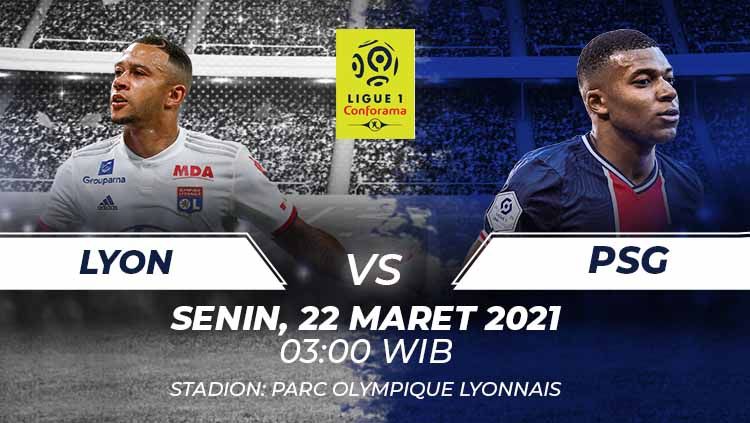 Prediksi pertandingan pekan ke-30 Ligue 1 antara dua tim papan atas Lyon vs PSG di Stadion Parc Olympique Lyonnais, Senin (21/03/21) dini hari WIB.  Copyright: © Grafis:Frmn/Indosport.com